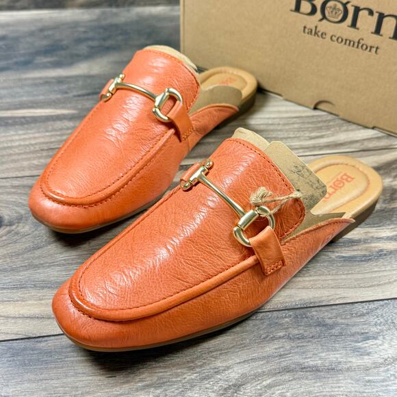 Born Shoes - NIB Born Lareina 8M Leather Moc Toe Horsebit Slip On Mules Clog Orange